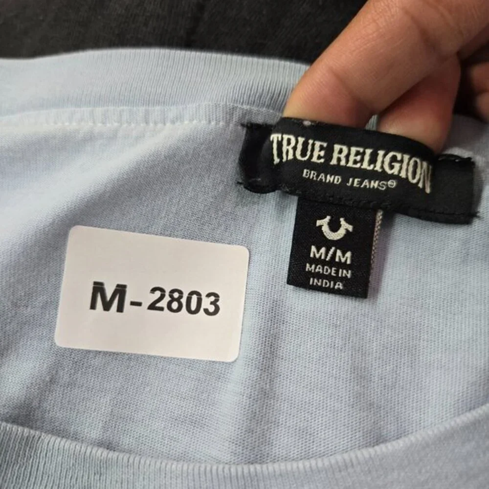 True Religion Men Shirt M Blue Drop Shoulder Camouflage Buddha Guitar Tee READ‎